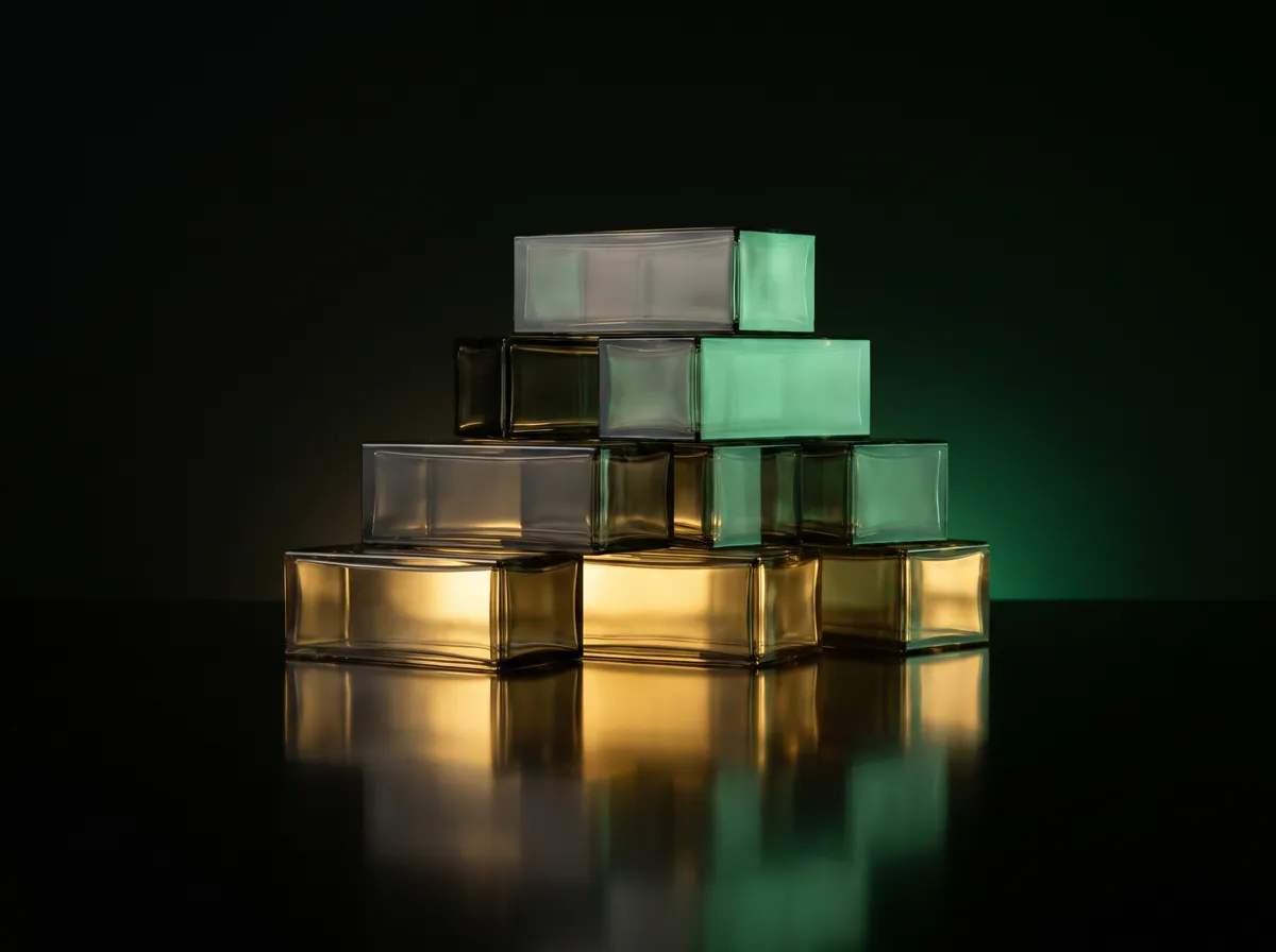 A stack of glass blocks lit gold at the base and green at the top