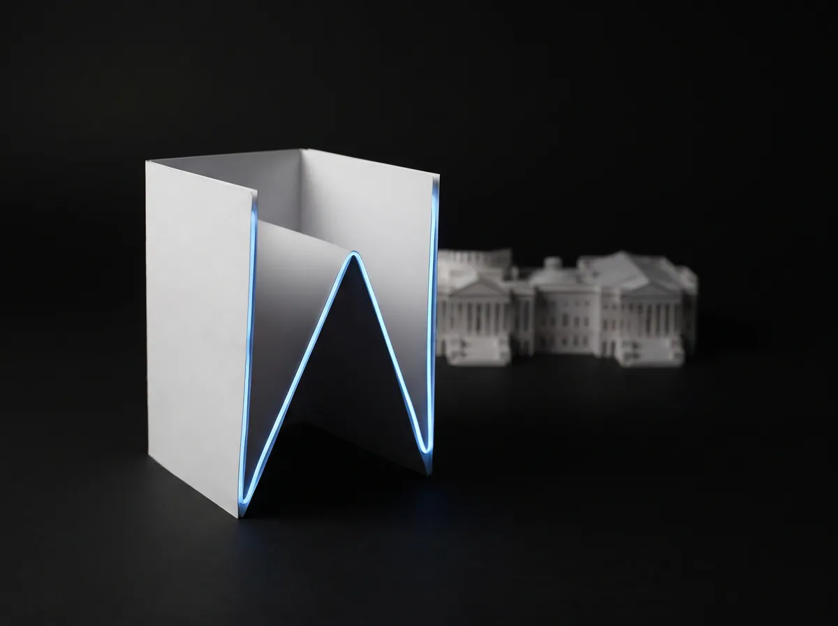 A folded paper document traced with blue light before a paper model of a columned building
