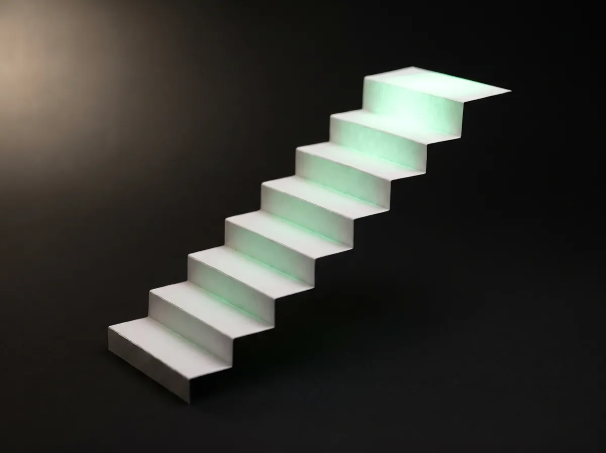 A staircase of paper steps, each lit a little brighter than the one below