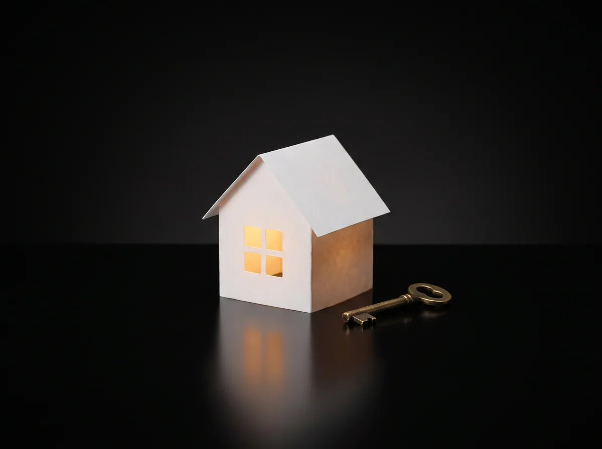 A small paper house with a lit window and a brass key beside it