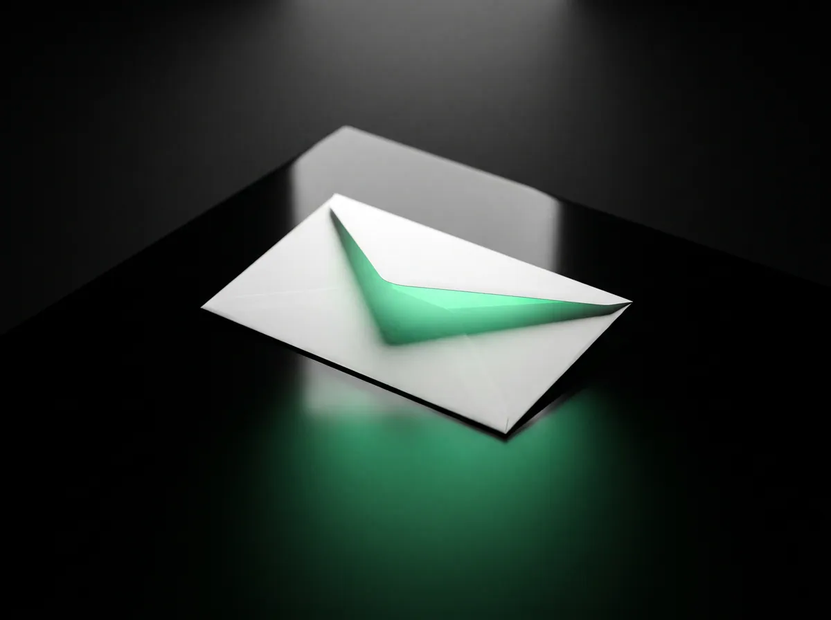An open paper envelope with green light inside it