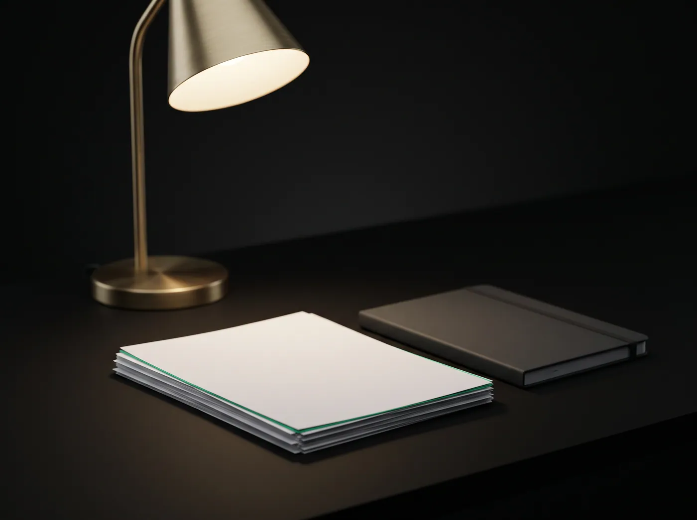 A brass desk lamp lighting a neat stack of papers and a notebook