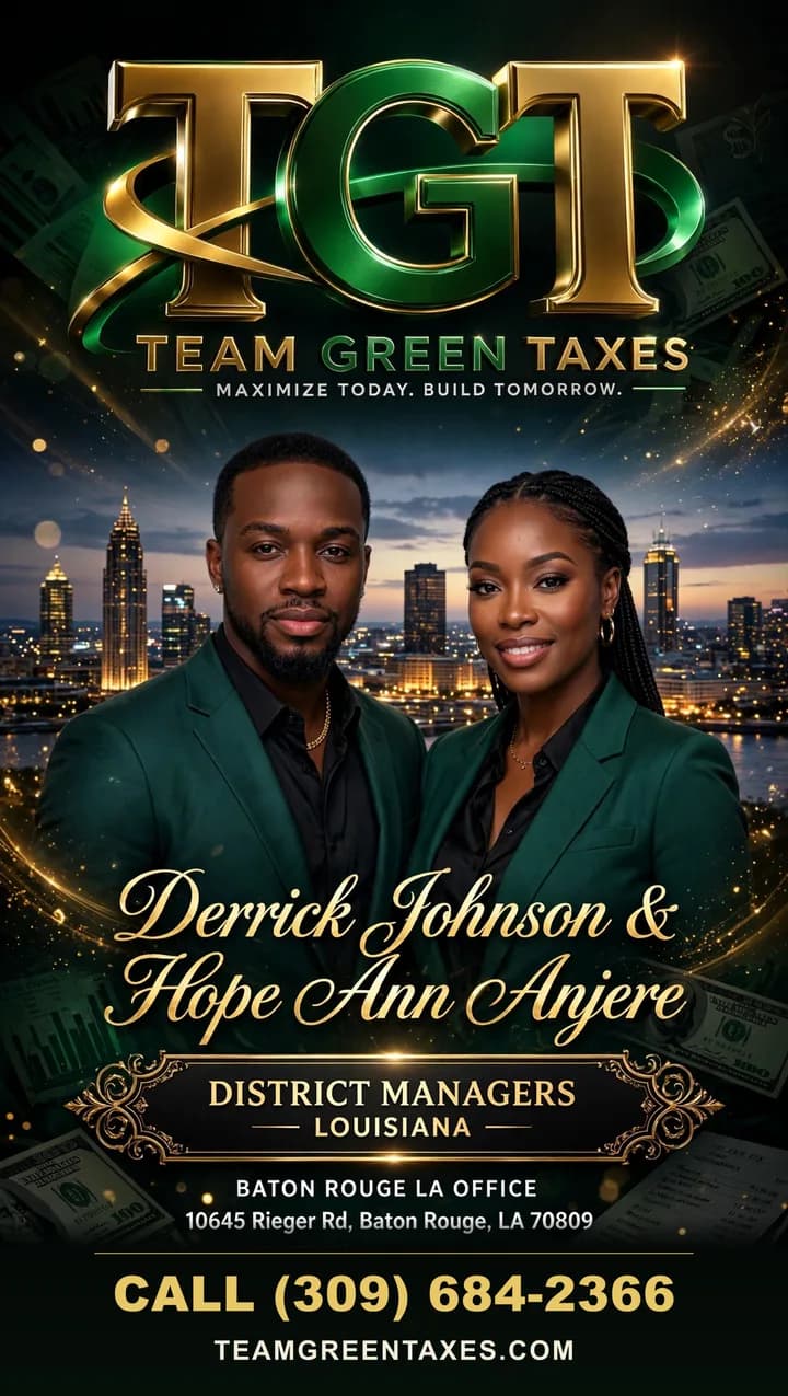 Derrick Johnson & Hope Ann Anjere, District Managers – Louisiana, Team Green Taxes Baton Rouge