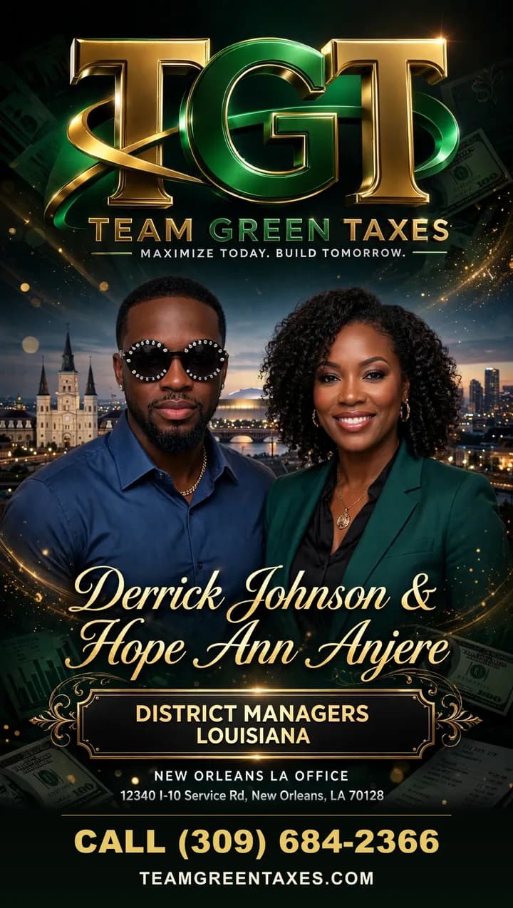 Derrick Johnson & Hope Ann Anjere, District Managers – Louisiana, Team Green Taxes New Orleans