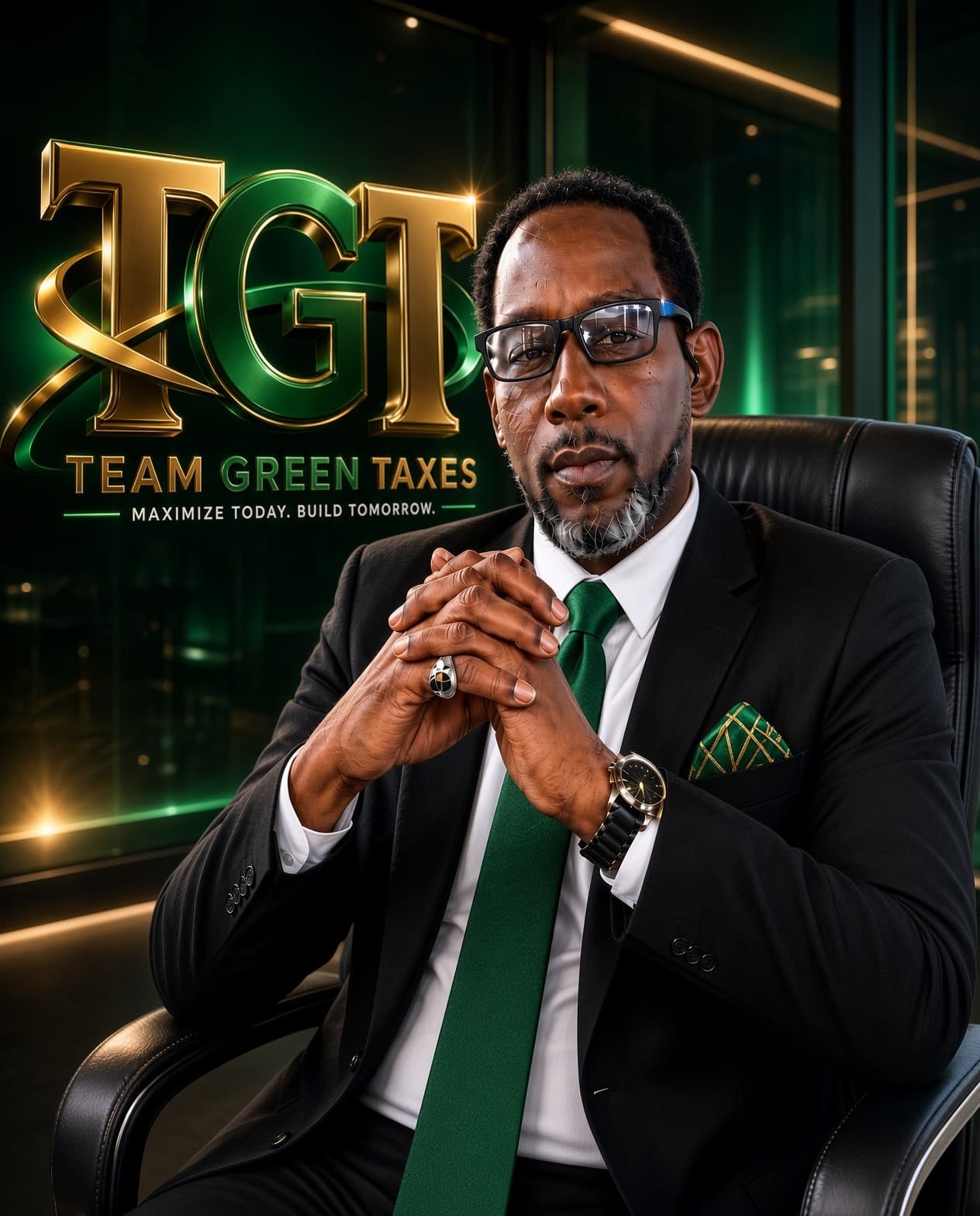 Jermaine Jackson, Vice President of Operations, Miami main office, seated in a dark suit and green tie with his hands clasped, the Team Green Taxes lockup on the wall behind him