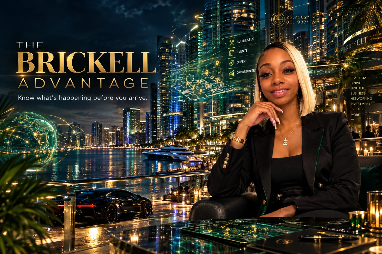 The Brickell Advantage — know what’s happening before you arrive. Brickell at night from a waterfront terrace, with a floating map of businesses, events, offers and opportunities over the skyline.