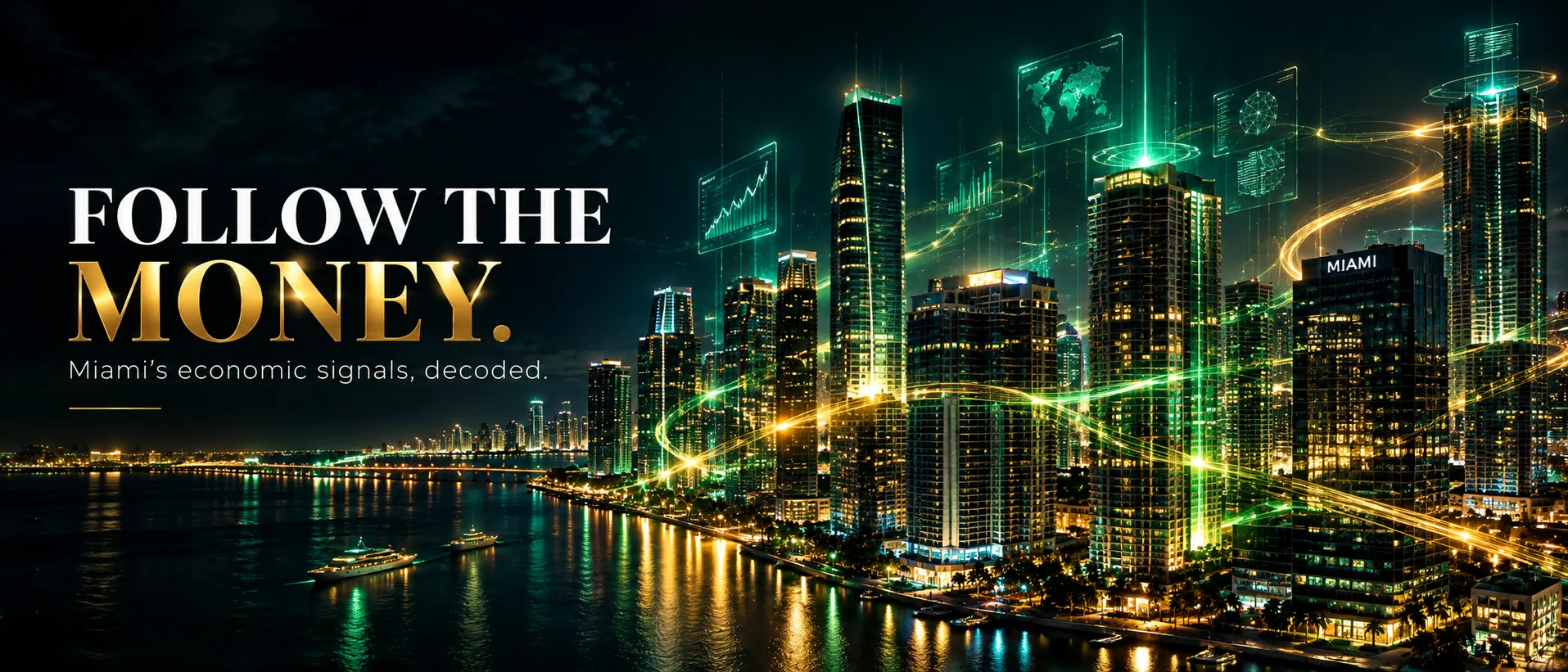 Follow the money — Miami’s economic signals, decoded. The downtown skyline at night with capital flows drawn as light traces across the towers.