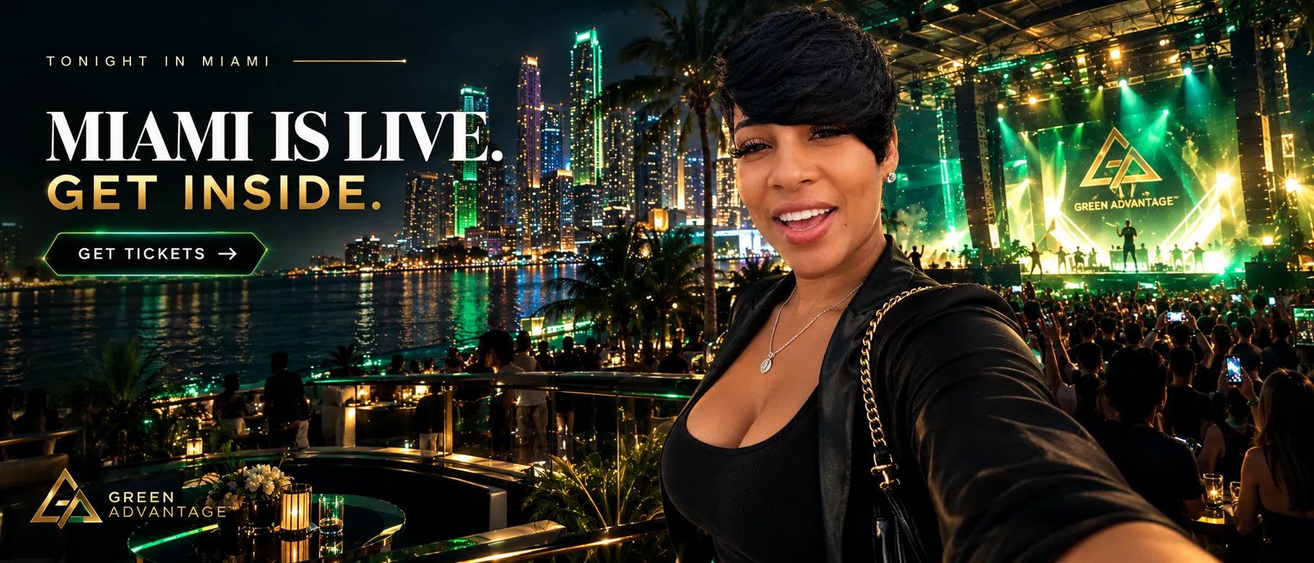 Tonight in Miami — Miami is live, get inside. A rooftop crowd above the bay with the skyline behind and a Green Advantage stage in full flow.