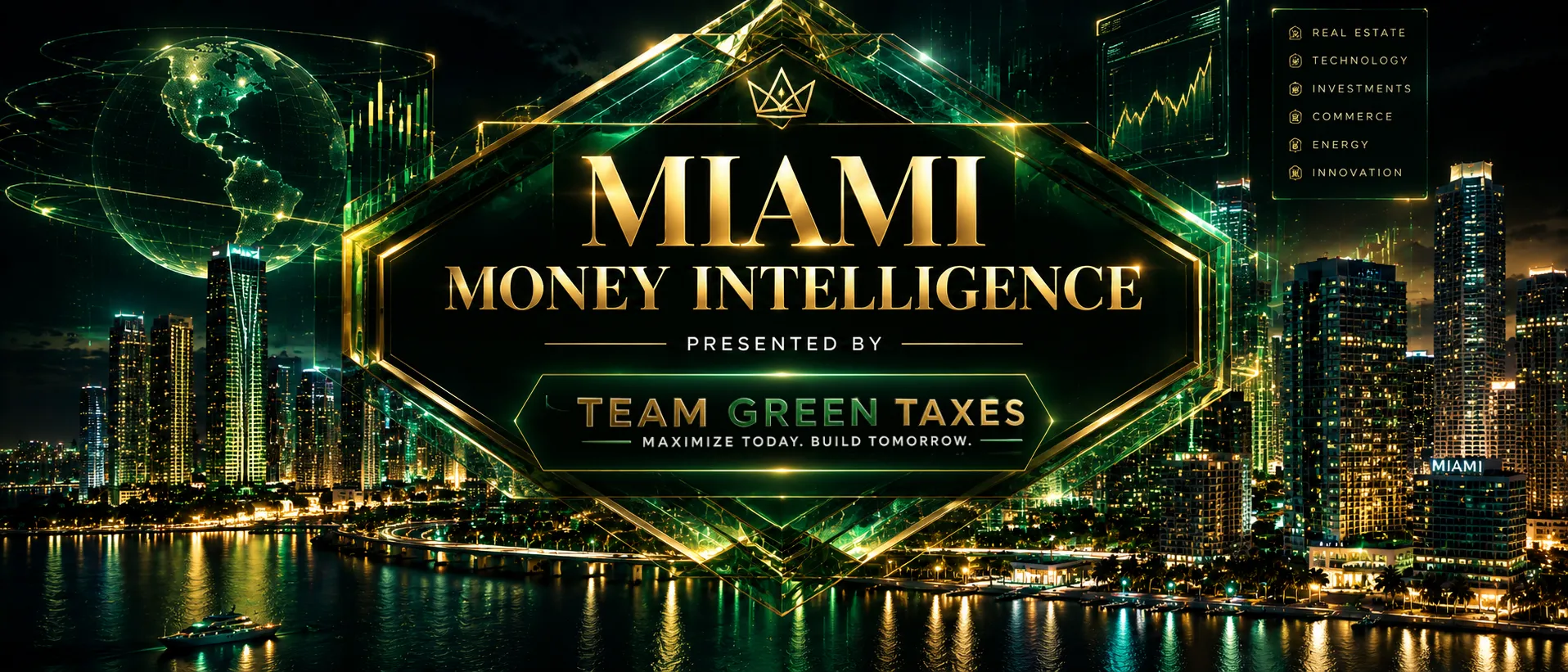 Miami Money Intelligence, presented by Team Green Taxes — maximize today, build tomorrow. A gold and green plate over the downtown skyline, with real estate, technology, investments, commerce, energy and innovation listed alongside.