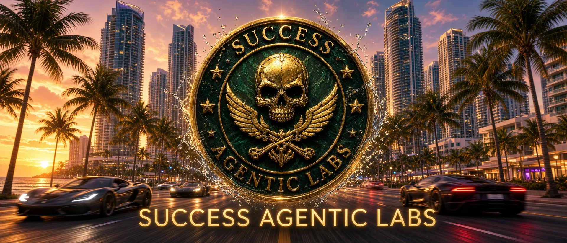 Success Agentic Labs — a gold and green crest above a Miami boulevard at sunset.