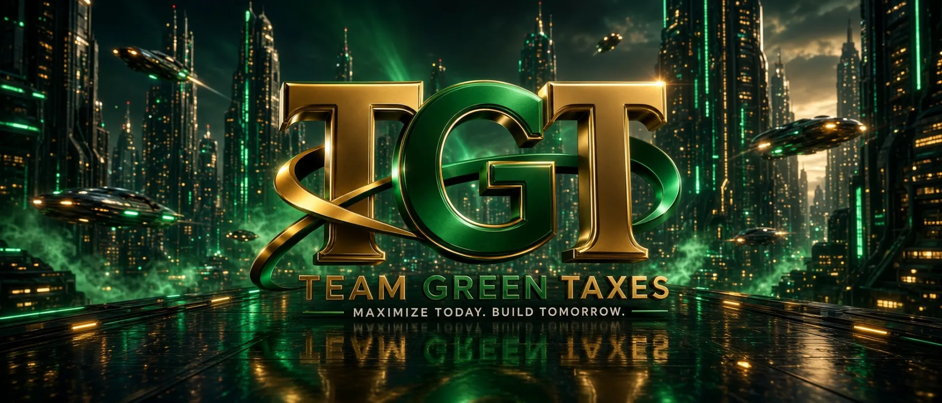 Team Green Taxes — maximize today, build tomorrow. The TGT monogram in gold and green above a lit skyline.